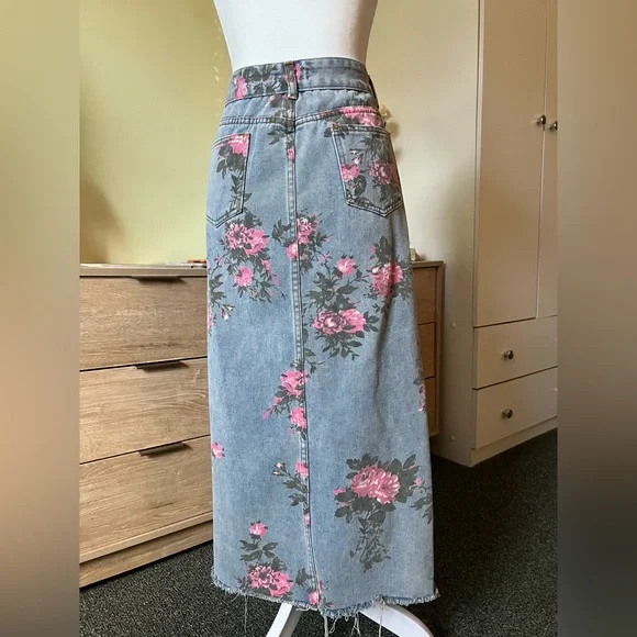 Vintage Cotton Denim Pink Wild Rose Floral Midi Maxi Side Slit High-Waist Skirt - Picture 10 of 16